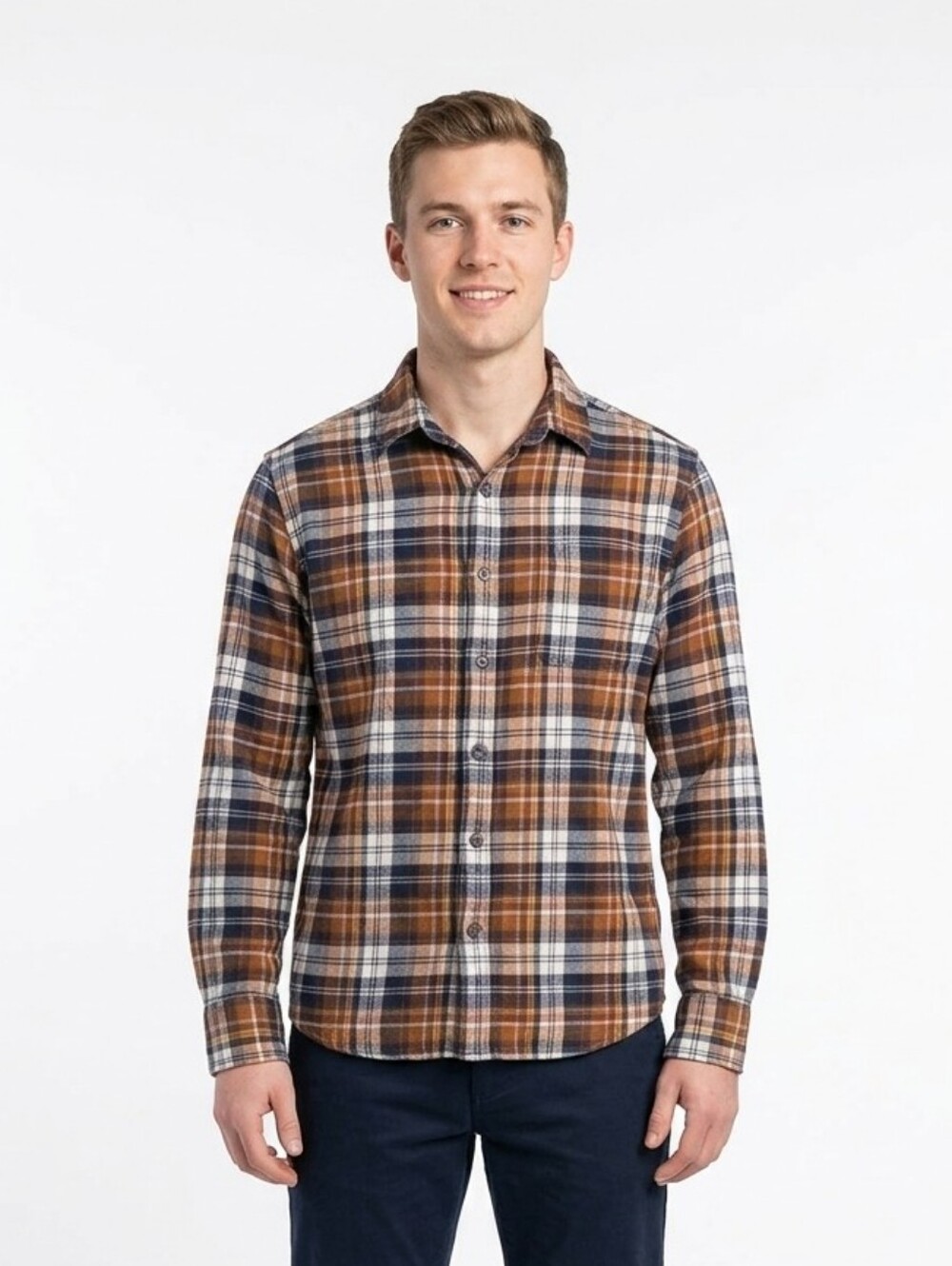 Eddie Bauer Large Plaid Flannel Shirt Orange Navy White 100% Cotton Excellent